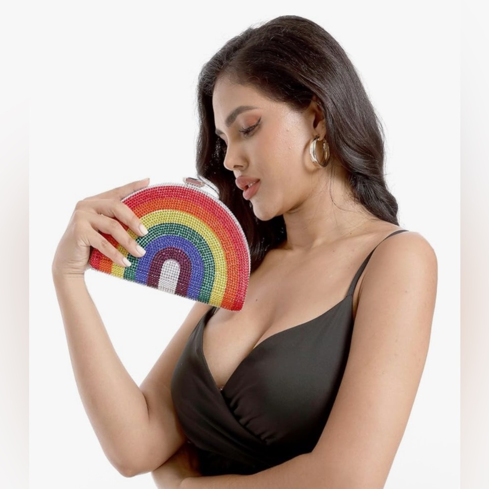 Women’s Rainbow Colorful Crystal Rhinestone Gem Clutch Purse Novelty Mini Bag - Picture 8 of 9